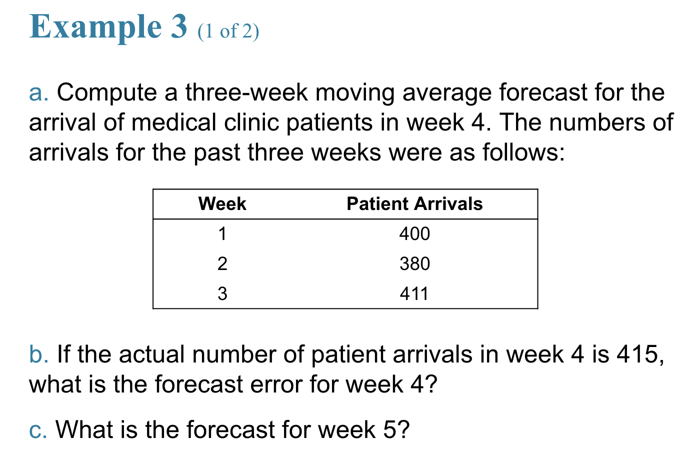 Example 9.3 — 3-week moving average problem
